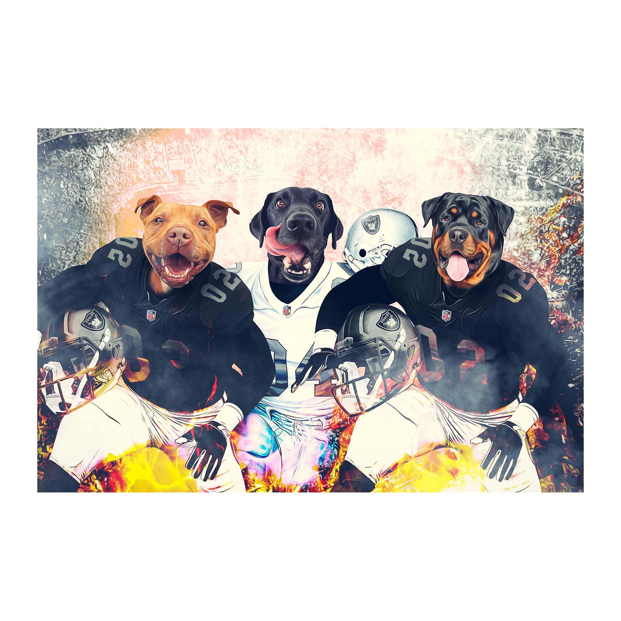 Personalized digital portrait of three dogs in Oakland Raiders football uniforms.