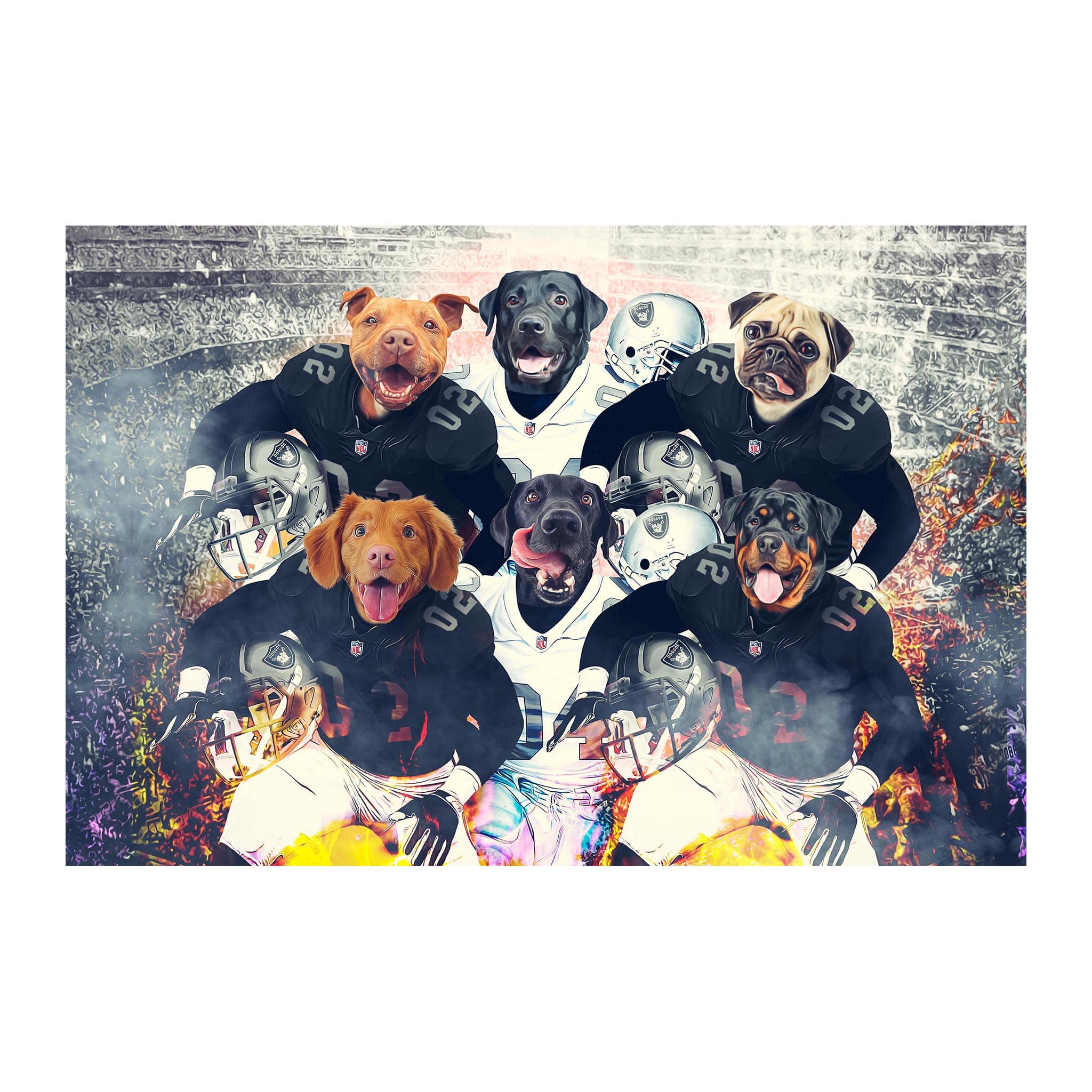 Personalized digital portrait of 6 pets as football players in black and white uniforms.