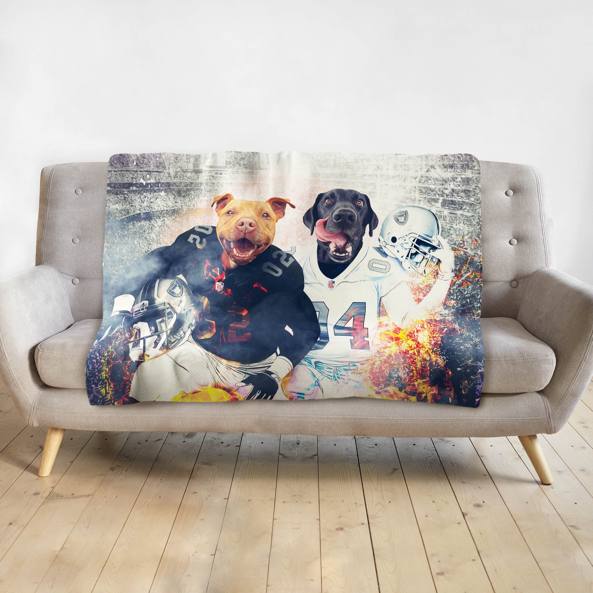 Custom personalized blanket with two dogs in football player portraits.