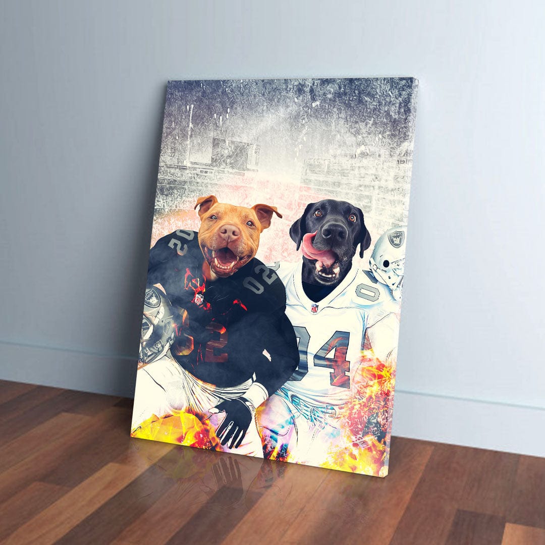 Personalized Oakland Doggos canvas featuring two pets as football players in black and white jerseys.