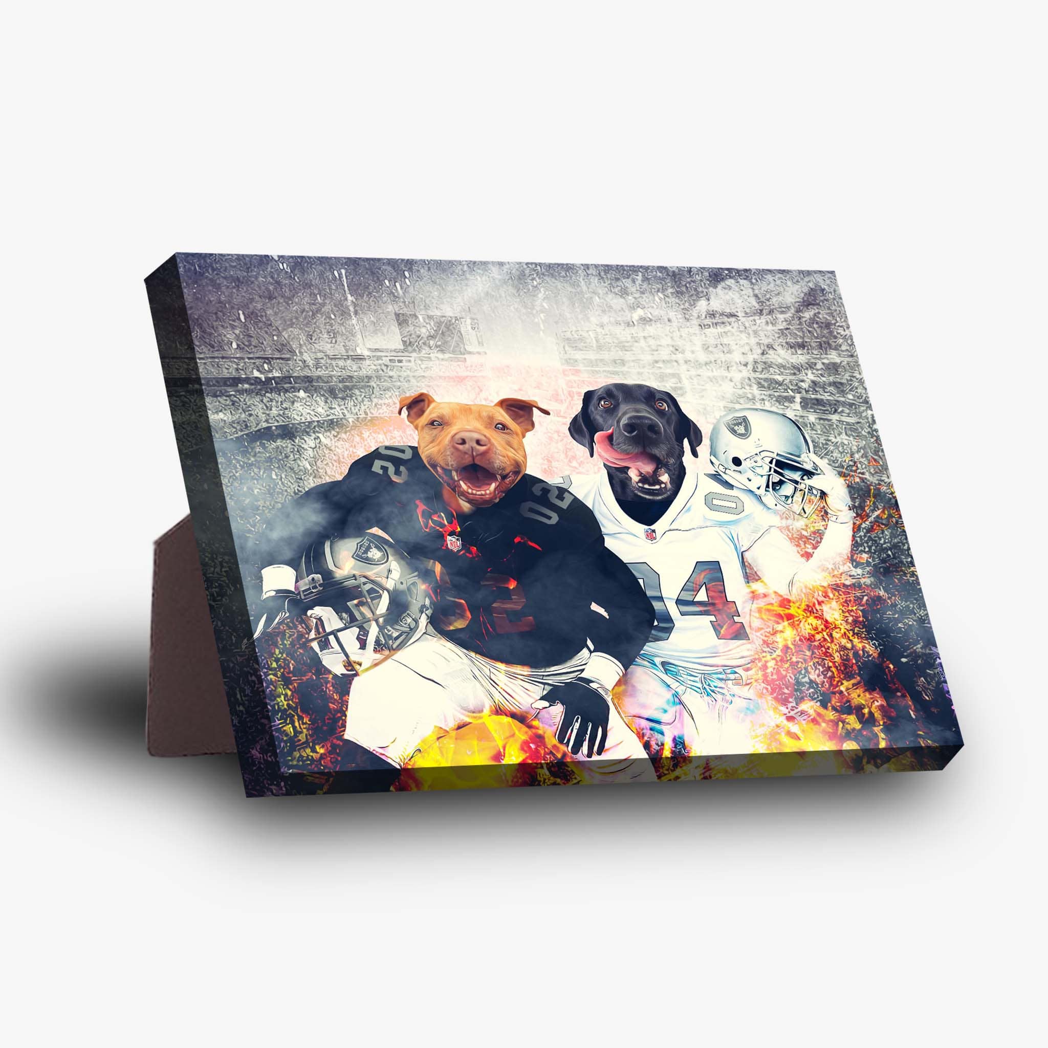 Personalized standing canvas featuring two dogs in football uniforms against a stadium backdrop with fire effects.
