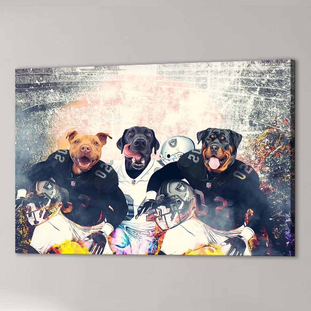 Personalized "Oakland Doggos" canvas featuring three pets as football players in black and white uniforms.