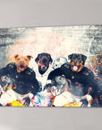 Personalized "Oakland Doggos" canvas featuring three pets as football players in black and white uniforms.