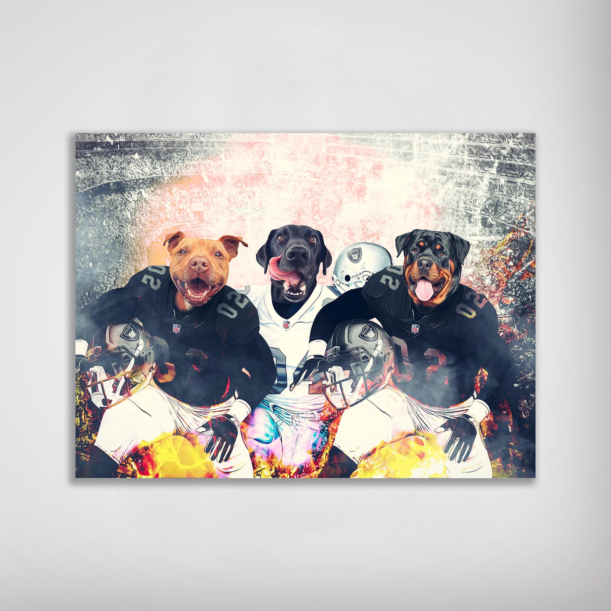 Personalized Oakland Doggos 3-pet poster featuring dogs in black and white football uniforms.