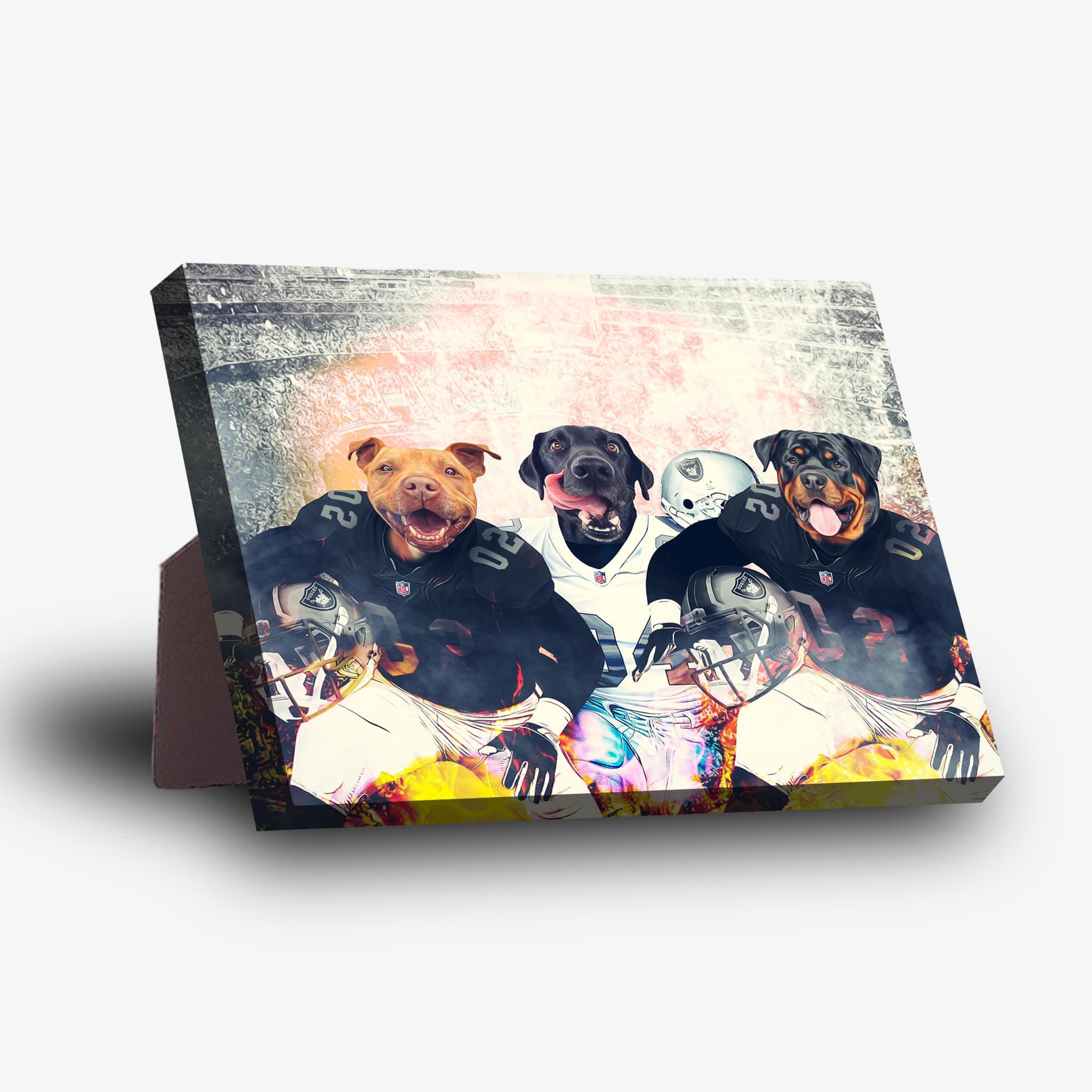 Personalized 3-pet standing canvas featuring dogs in football uniforms with a sturdy stand.