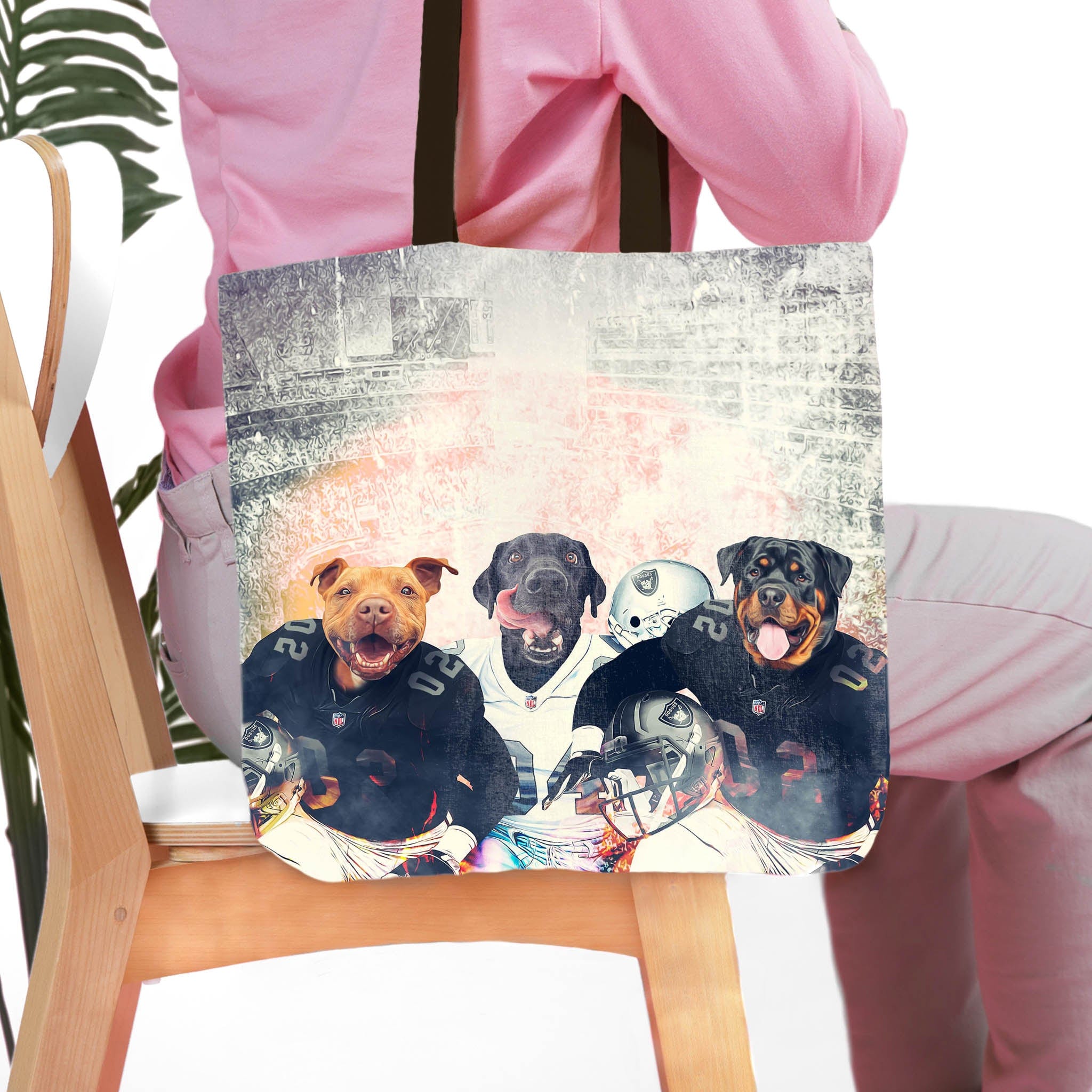 Personalized 3 pet tote bag with dogs in football uniforms, Oakland Doggos style.