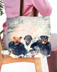Personalized 3 pet tote bag with dogs in football uniforms, Oakland Doggos style.