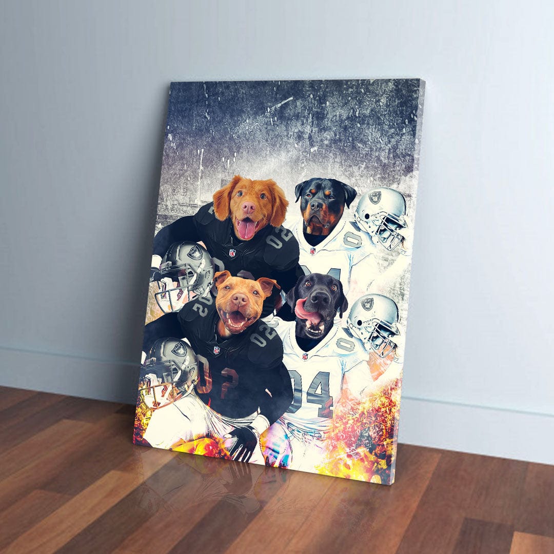 Personalized 4-pet canvas featuring dogs in black and white football jerseys with helmets.
