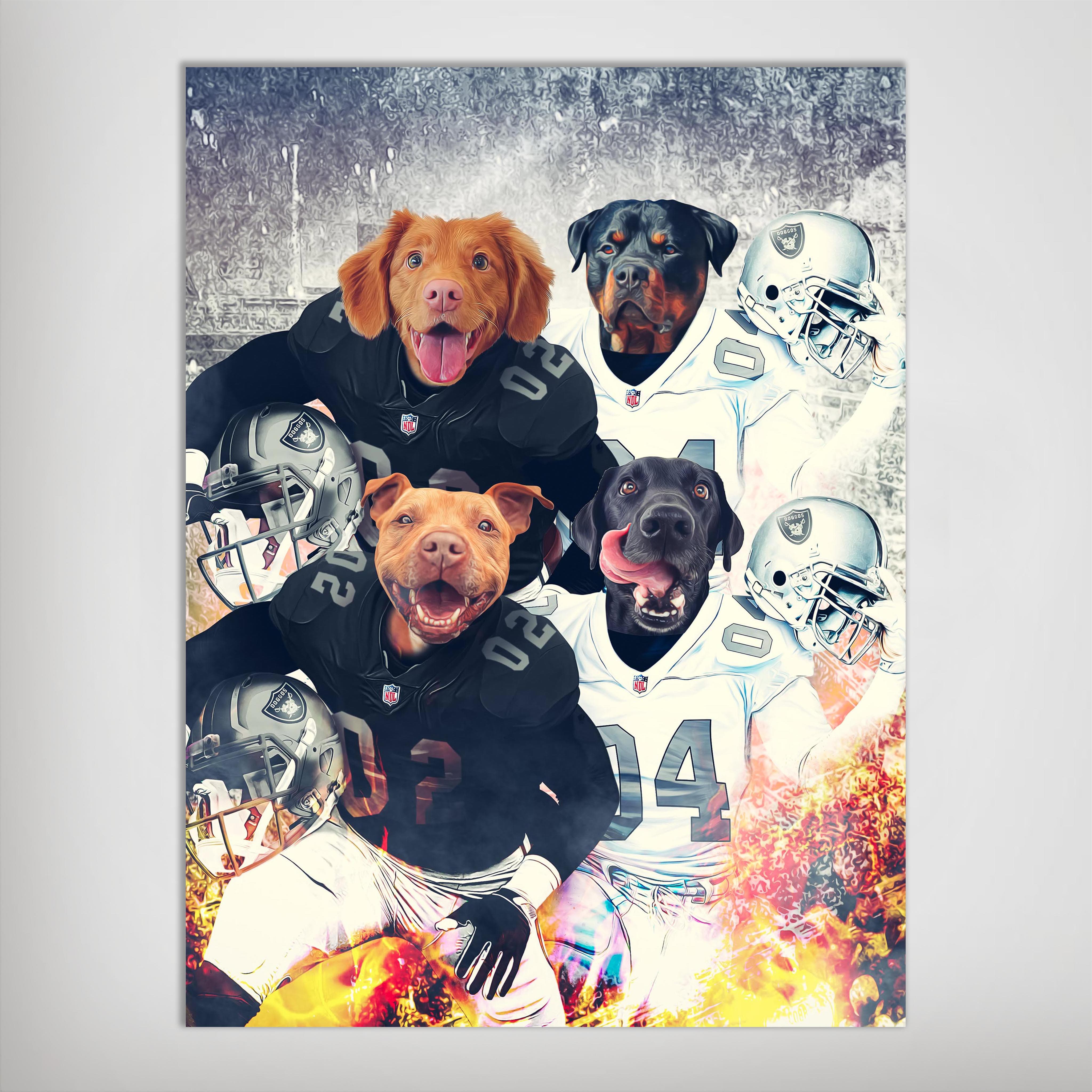 Personalized 'Oakland Doggos' 4 pet poster featuring dogs in football uniforms and helmets.