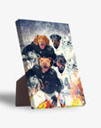 Personalized 4-pet standing canvas featuring dogs in football uniforms with a sturdy brown stand.