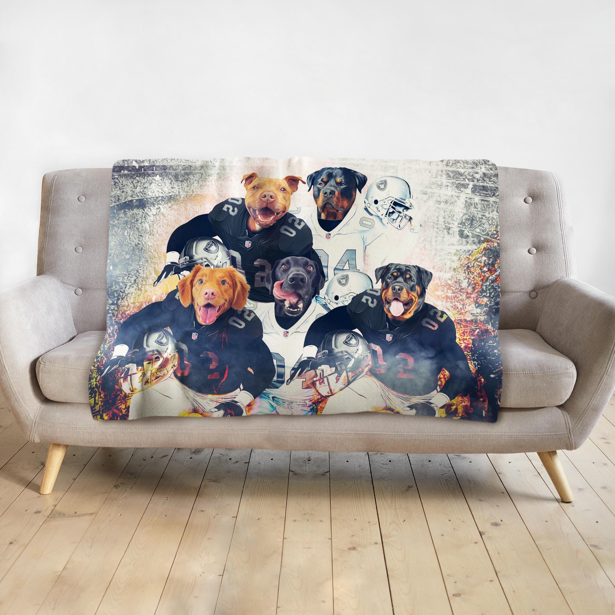 Personalized custom blanket with 5 pet portraits as football players in black and white uniforms.