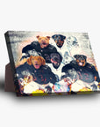 Personalized 5-pet standing canvas featuring dogs in Oakland Raiders football uniforms.