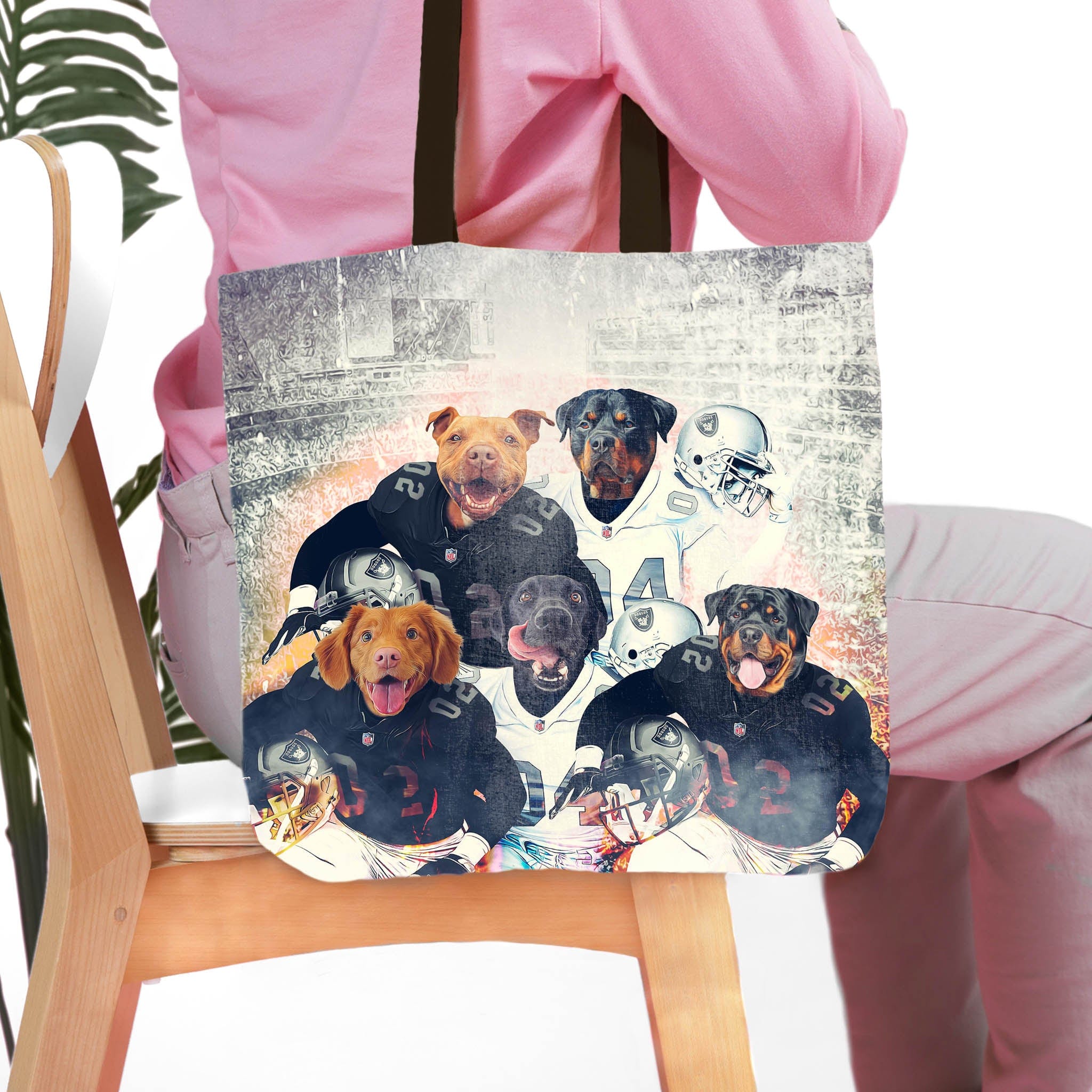 Personalized 5-pet dog portrait tote bag with pets in football uniforms.
