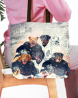 Personalized 5-pet dog portrait tote bag with pets in football uniforms.
