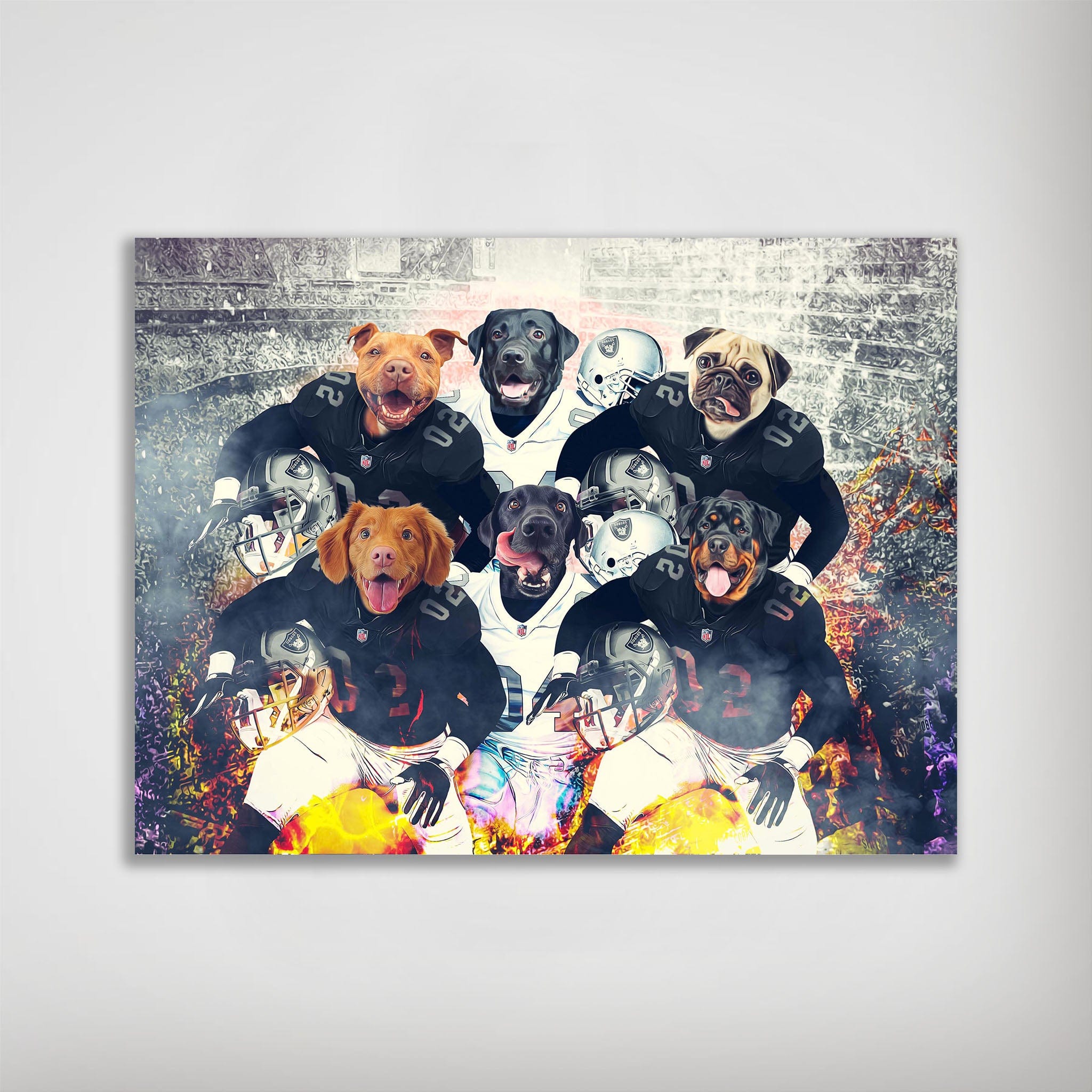 Personalized 'Oakland Doggos' 6-pet poster featuring dogs in football uniforms on a stadium background.