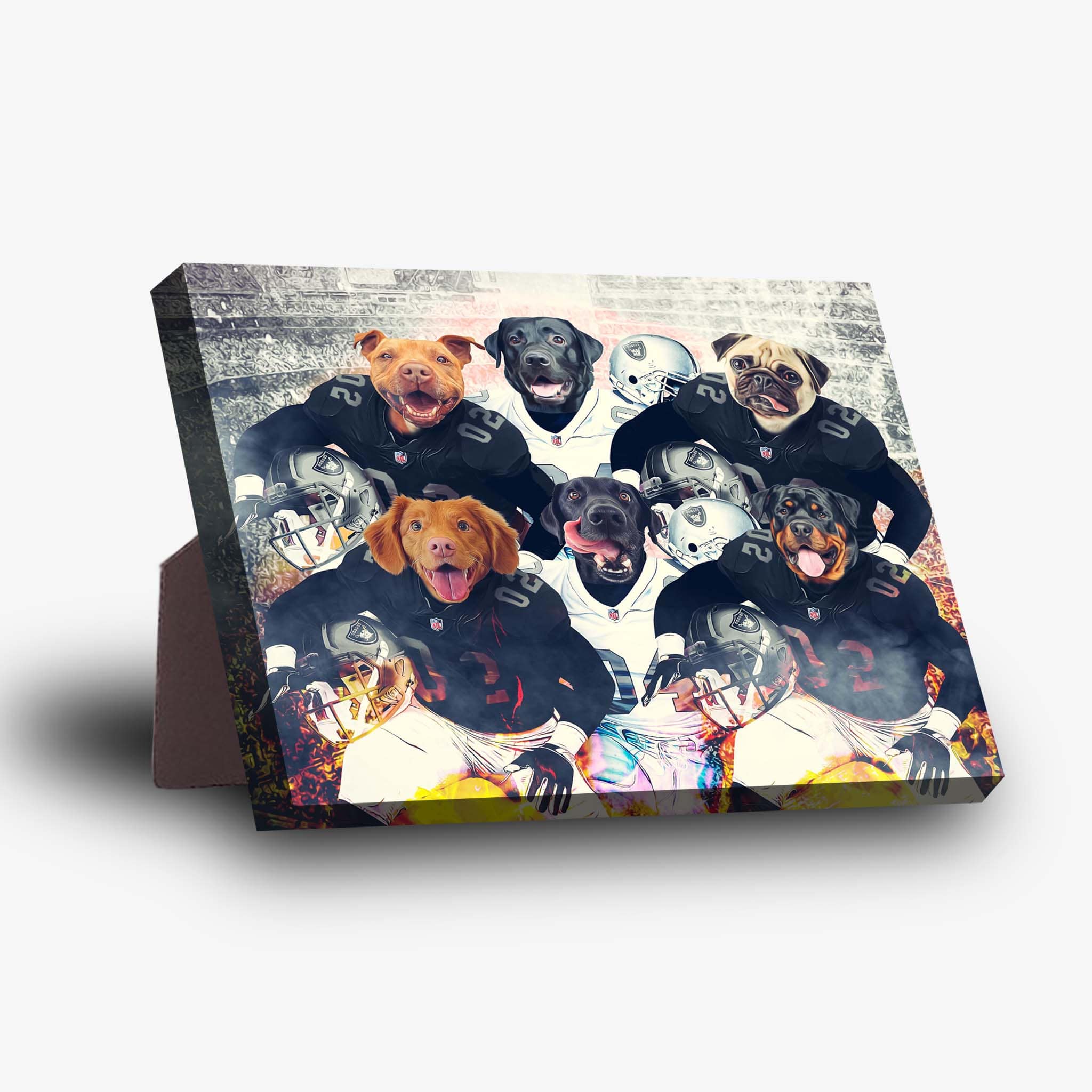 Personalized 6-pet standing canvas featuring dogs in black and white football uniforms against a brick wall.