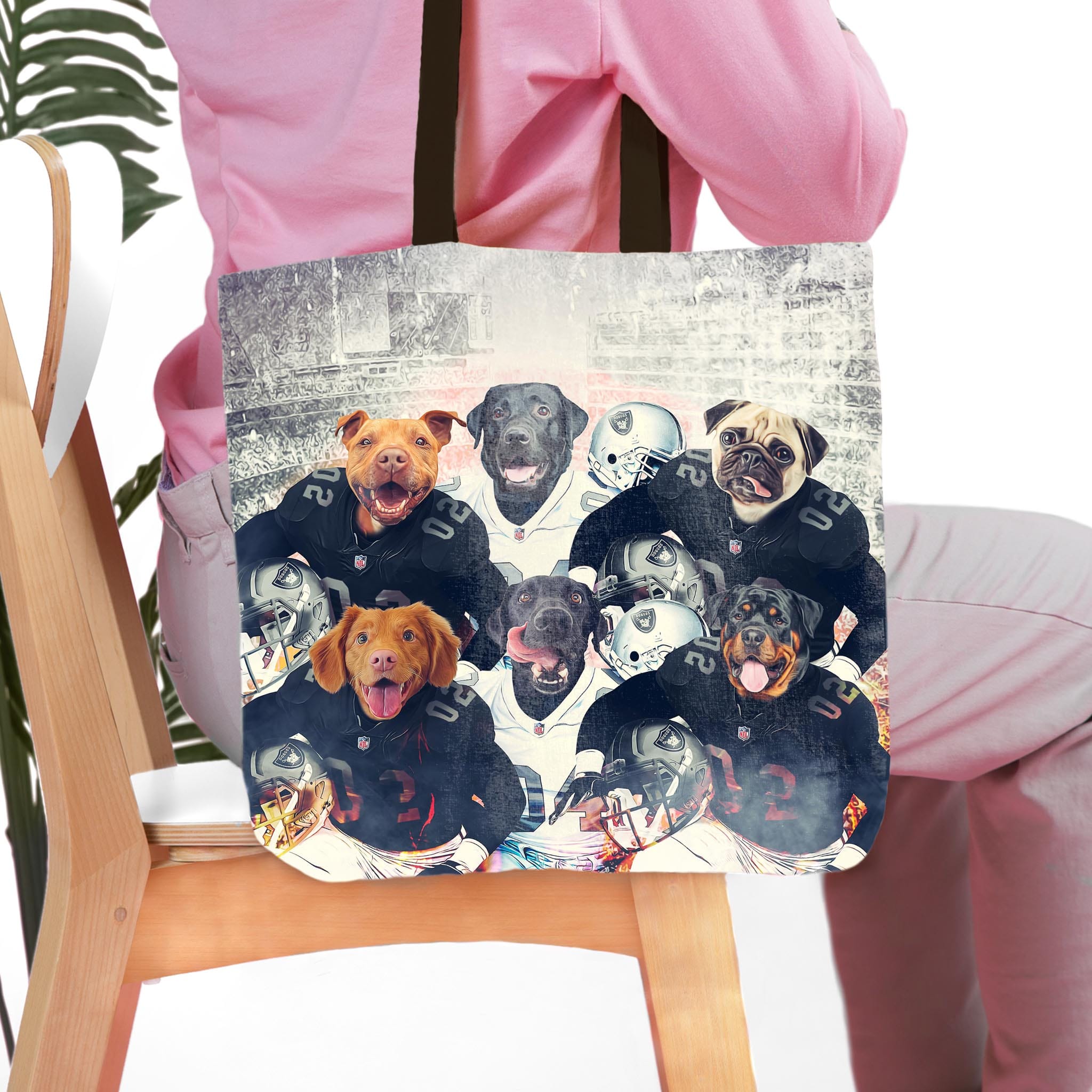 Personalized 6-pet tote bag featuring dogs in football uniforms.