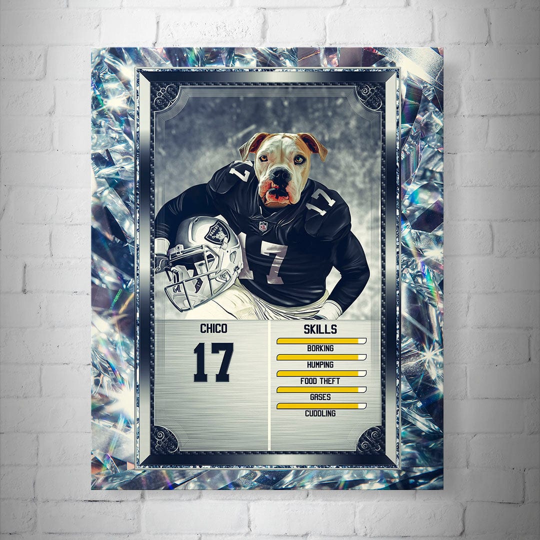 Personalized 8x10" matte football trading card poster featuring a pit bull in a black Raiders jersey and helmet.