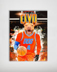 Personalized 'Okc Thunders Doggos' poster featuring a pit bull in an orange basketball jersey holding a ball.