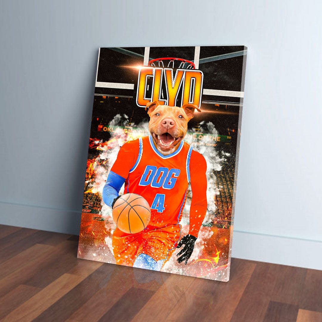 Personalized pet canvas featuring a pit bull in an orange basketball jersey with "DOG 4" and a hoop.