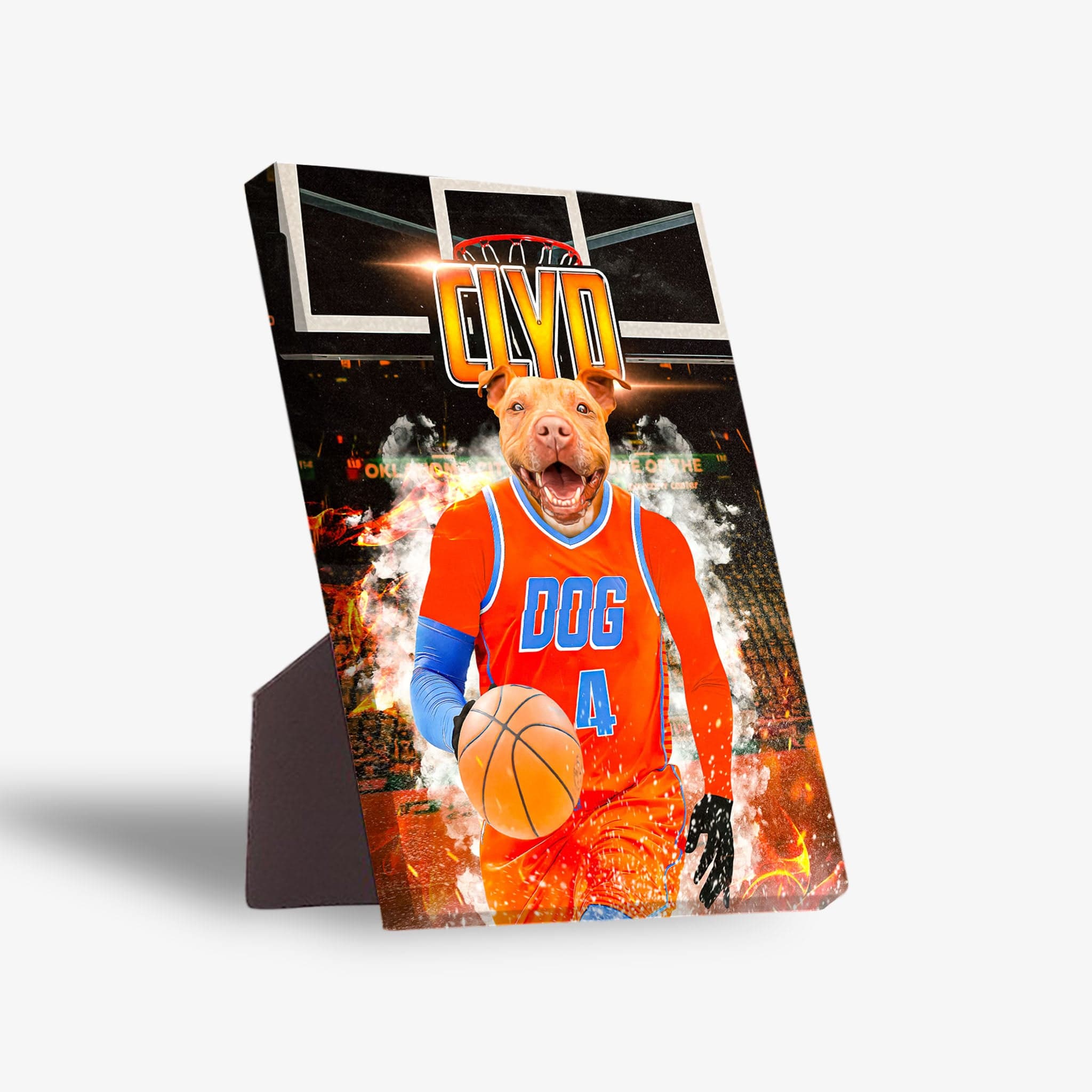 Personalized pet standing canvas featuring a dog in an orange OKC Thunders basketball jersey holding a ball.