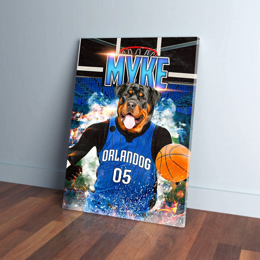 Personalized 'Orlandog Magic' canvas featuring a Rottweiler in a blue basketball jersey holding a ball.