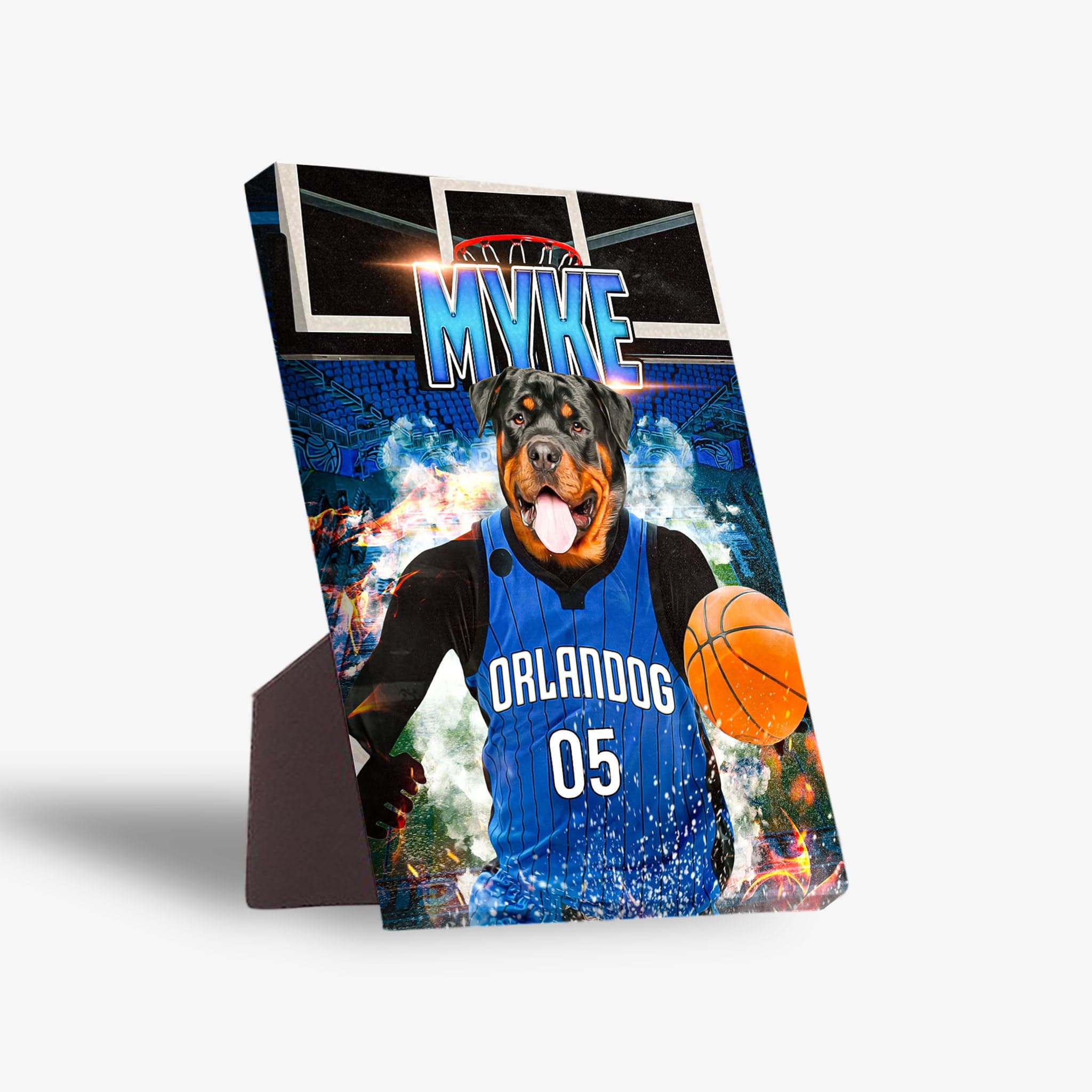 Personalized pet standing canvas featuring a Rottweiler in an "Orlandog Magic" basketball jersey with a stand.