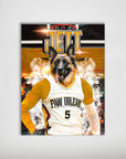 Personalized matte poster featuring a German Shepherd in a white and gold "Paw Orleans" basketball jersey, with "JETT" above.