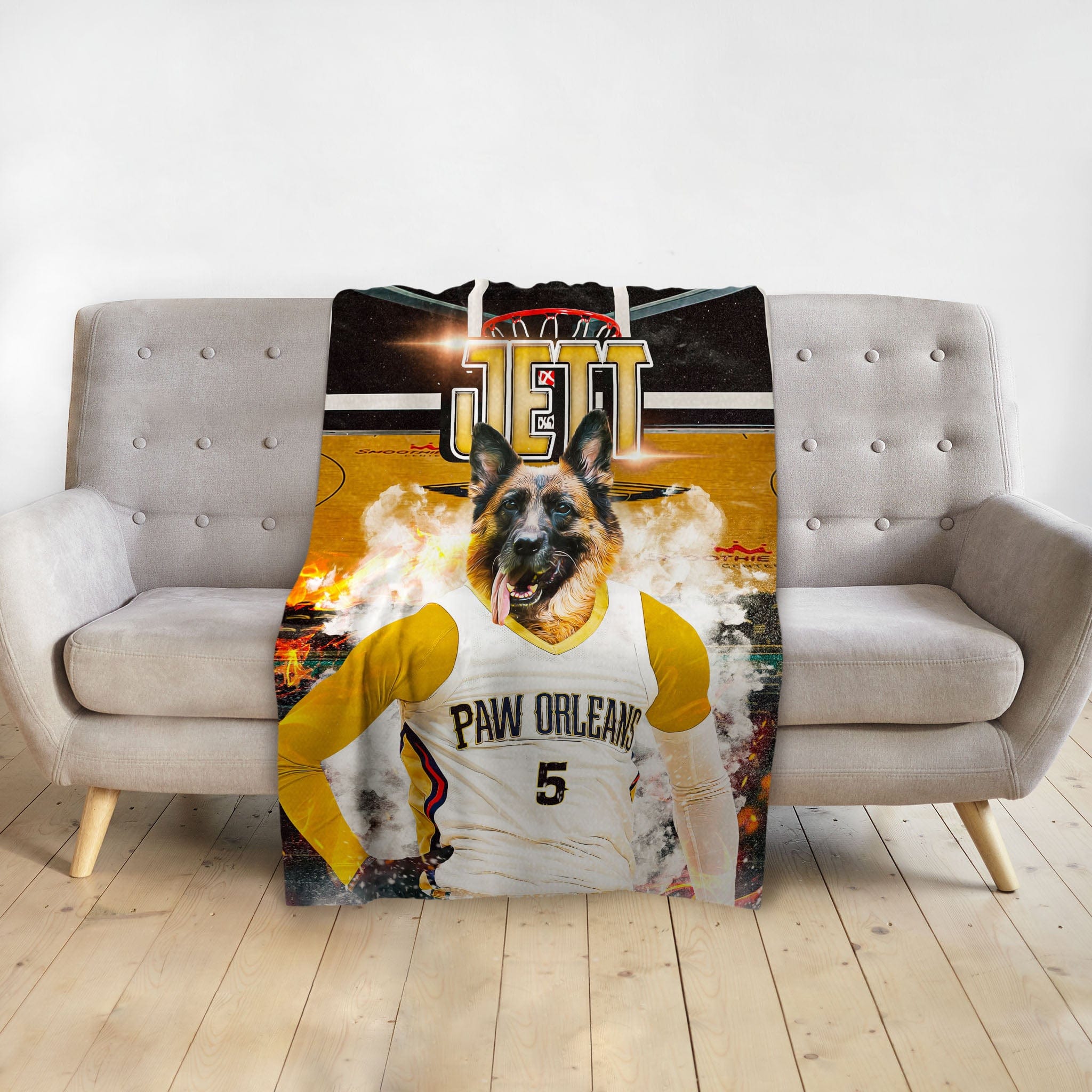 Personalized pet blanket featuring a German Shepherd in a "Paw Orleans" basketball jersey.