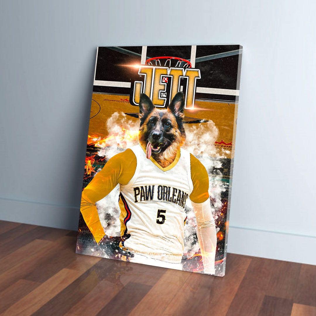 Custom pet canvas featuring a German Shepherd in a "Paw Orleans" basketball jersey, leaning against a wood floor.