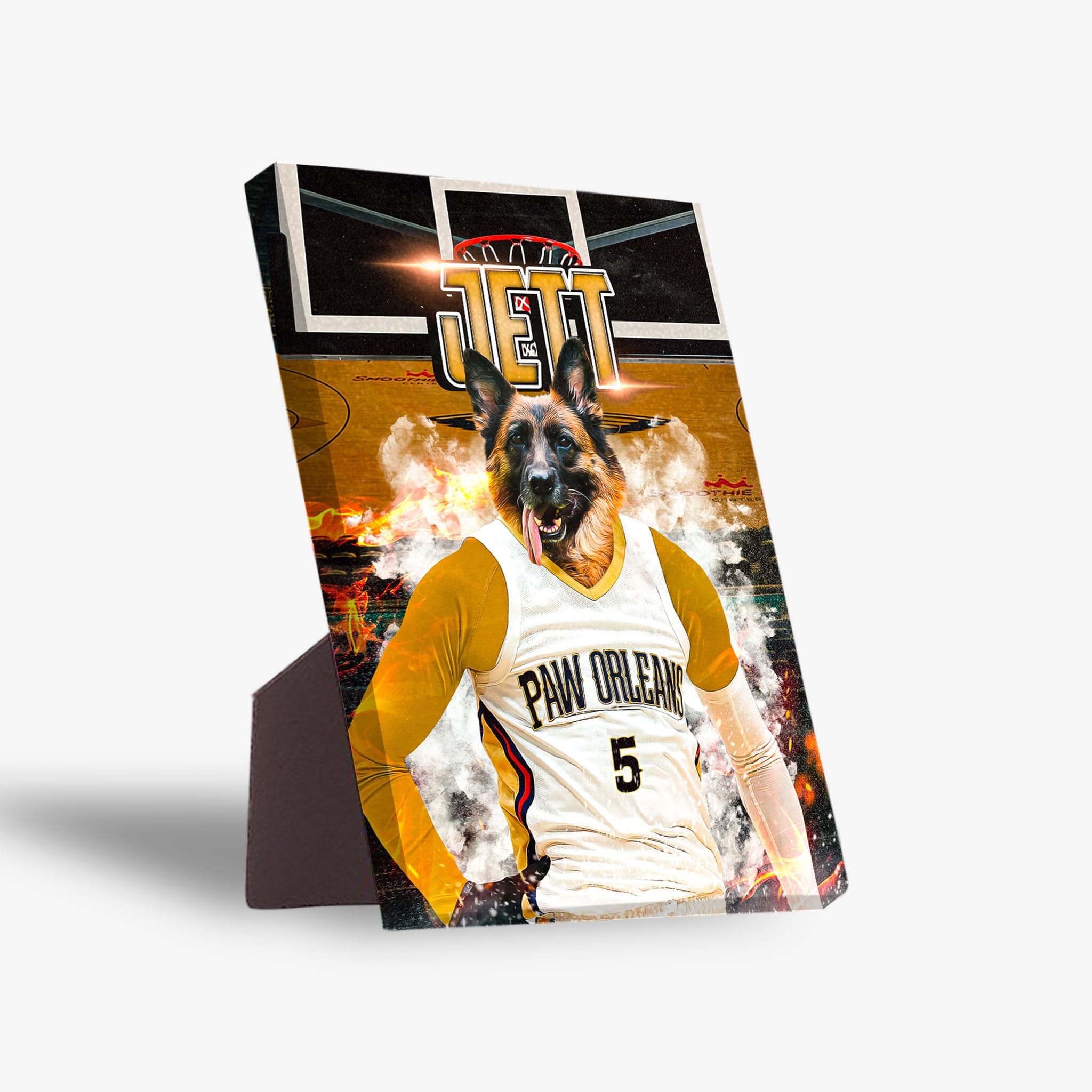 Personalized standing canvas featuring a German Shepherd in a "Paw Orleans" basketball jersey, with a court background.