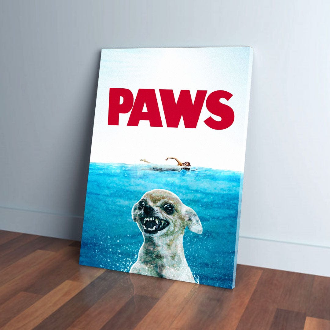 Personalized 'Paws Doggo' canvas featuring a chihuahua in water with "PAWS" in red text.