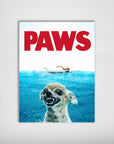 Personalized "Paws" pet poster featuring a chihuahua's face emerging from blue water, Jaws-style.