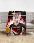 Personalized pet blanket with a French Bulldog in a basketball uniform, "Pawtland Trail Blazers" design.
