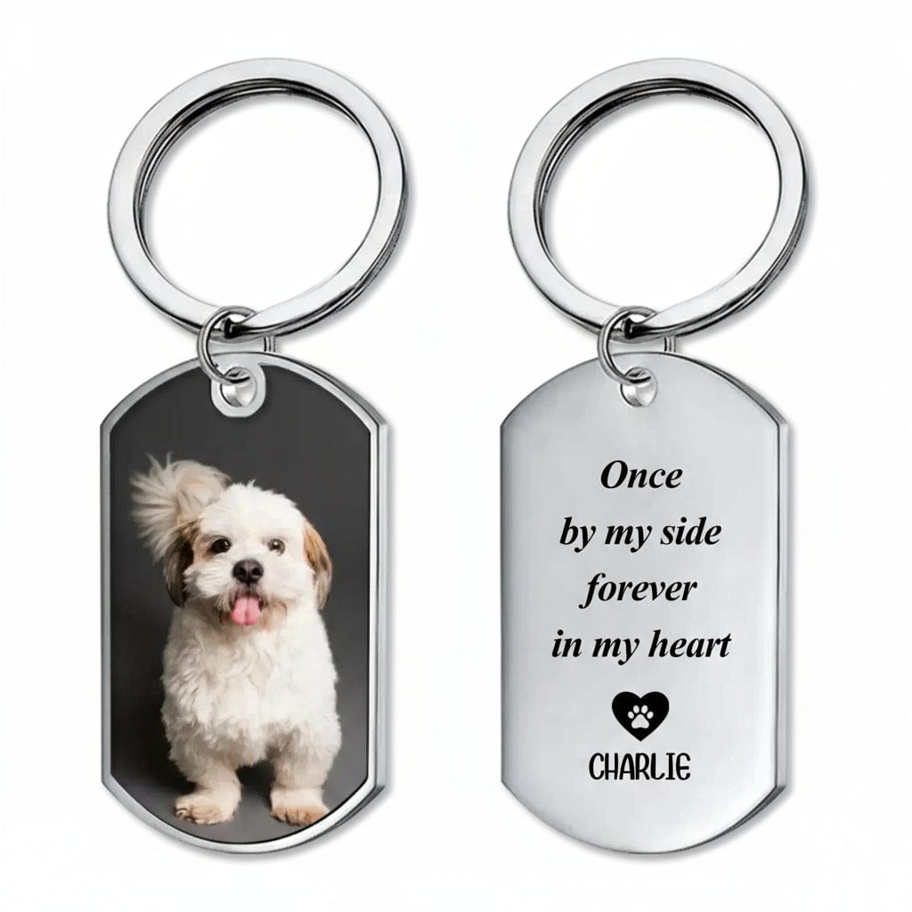 Llavero de acero inoxidable pulido con foto de perro Shih Tzu y texto grabado "Once by my side forever in my heart CHARLIE".