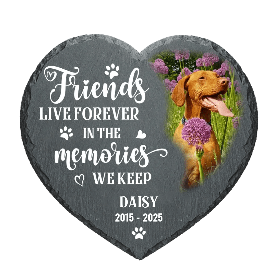 Personalized heart-shaped slate pet memorial stone with a Vizsla dog portrait and "Friends Live Forever" quote.