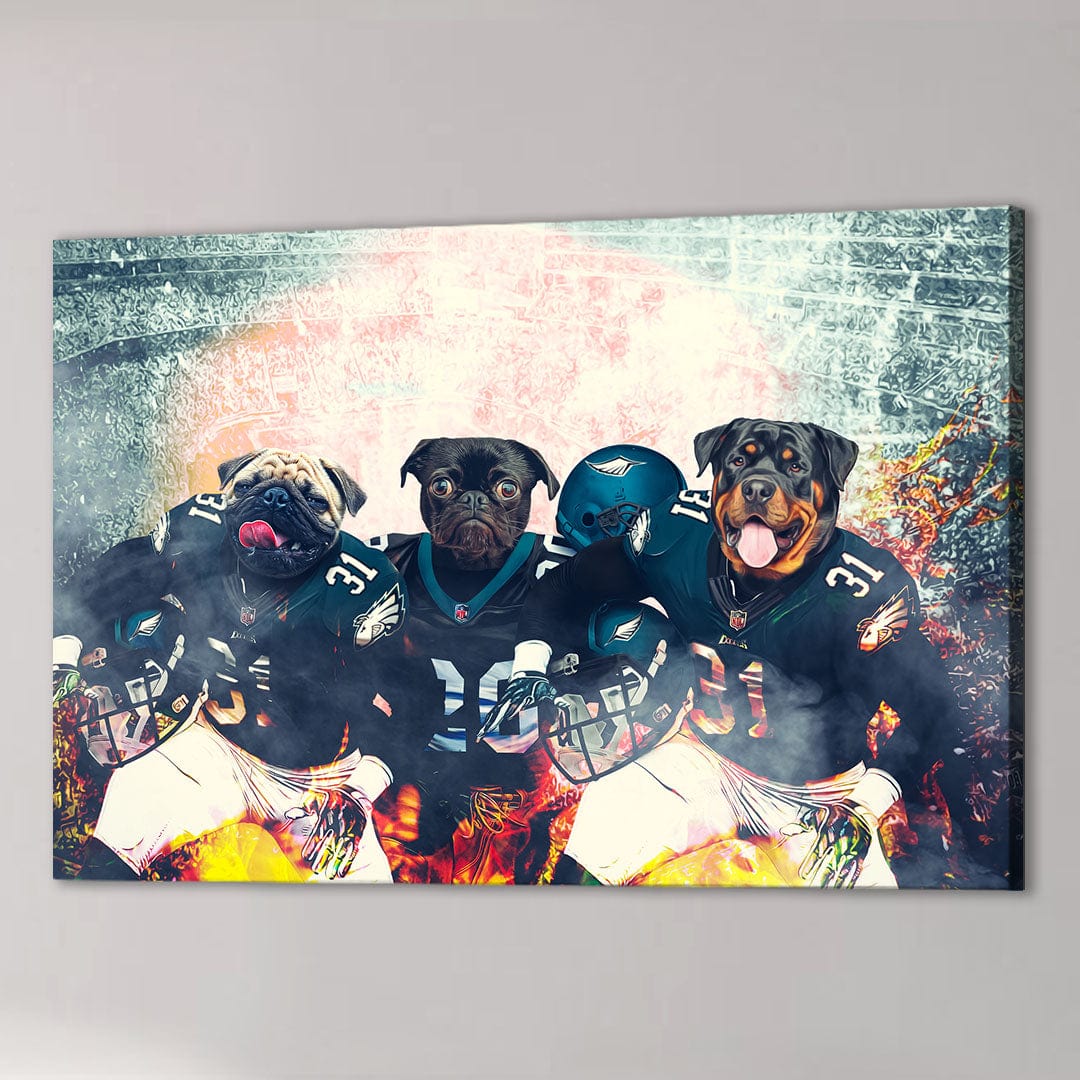 Personalized 3-pet canvas featuring a pug, black pug, and rottweiler in Philadelphia Eagles football jerseys.
