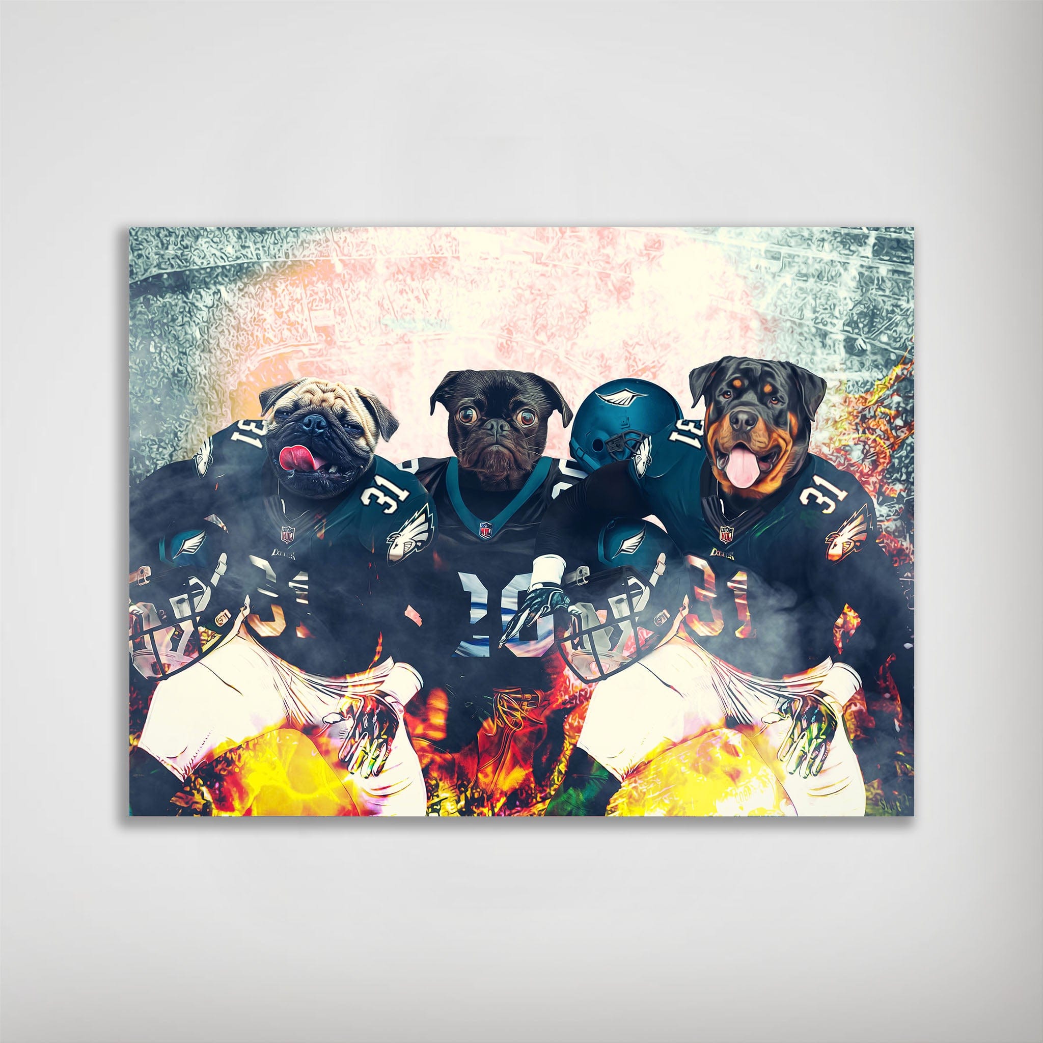 Personalized 'Philadelphia Doggos' poster featuring three pets as football players in Eagles jerseys.
