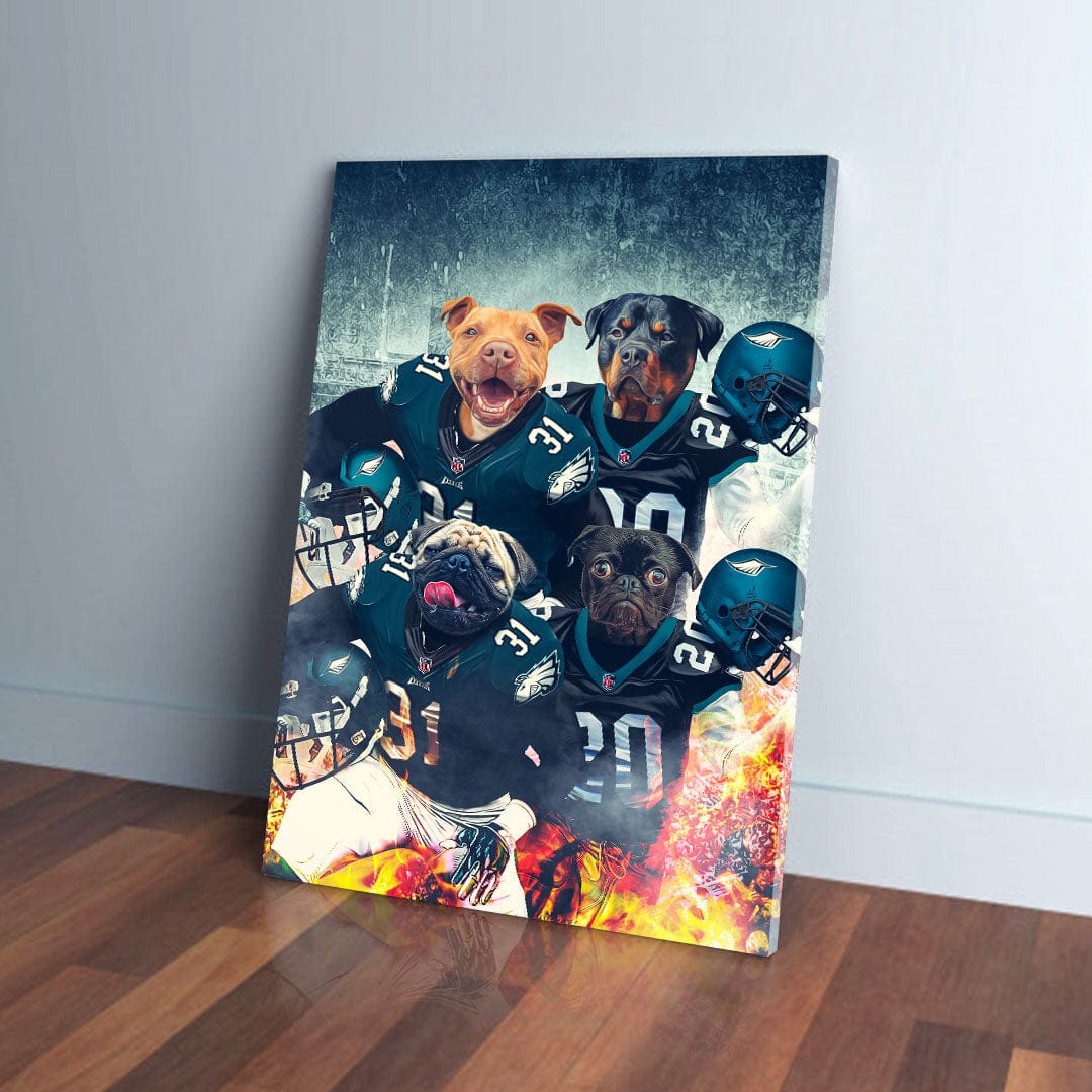 Personalized 4-pet canvas featuring dogs in football jerseys, with a fiery background.
