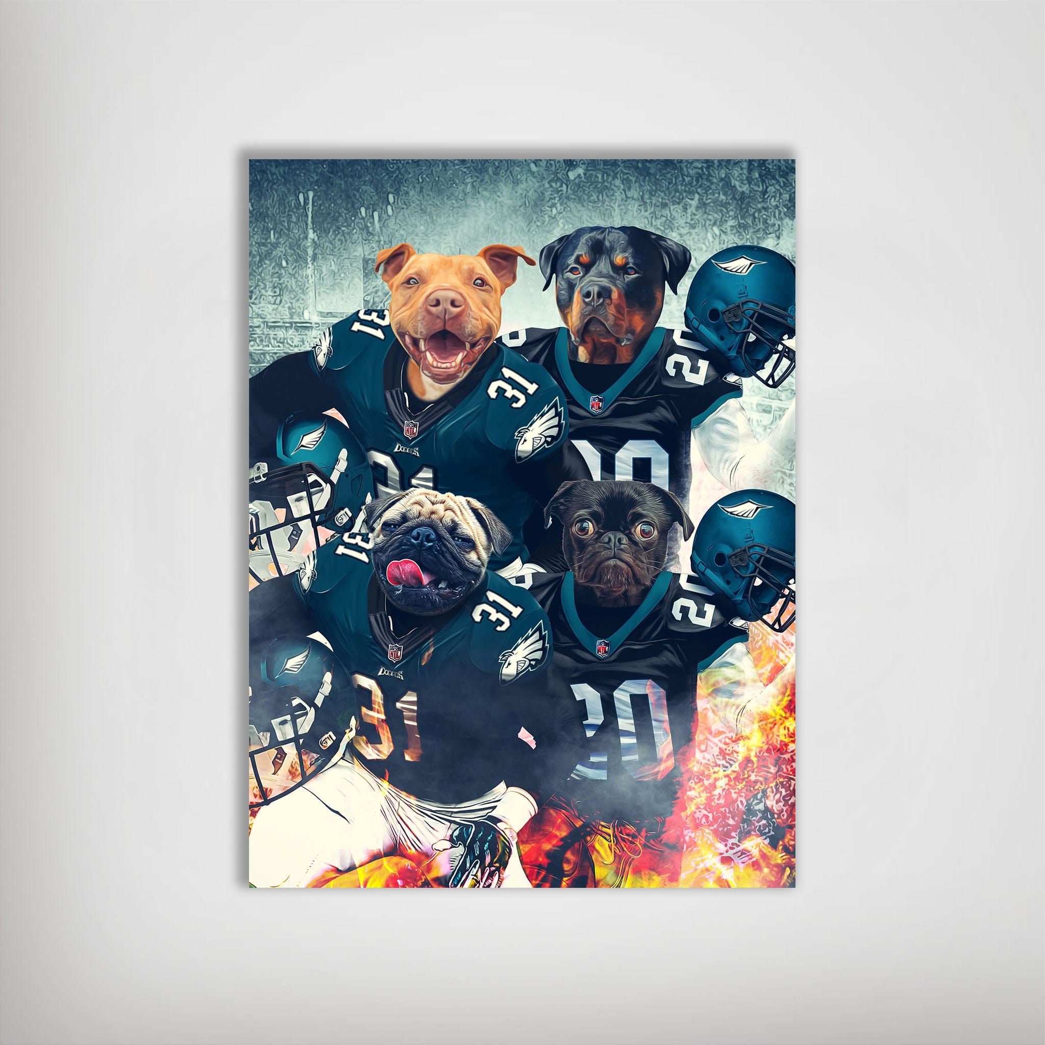 Personalized 4-pet poster featuring dogs in Philadelphia Eagles football jerseys and helmets with a fiery background.