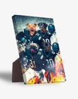 Personalized 4-pet standing canvas featuring dogs in Philadelphia Eagles football uniforms with a fiery background.