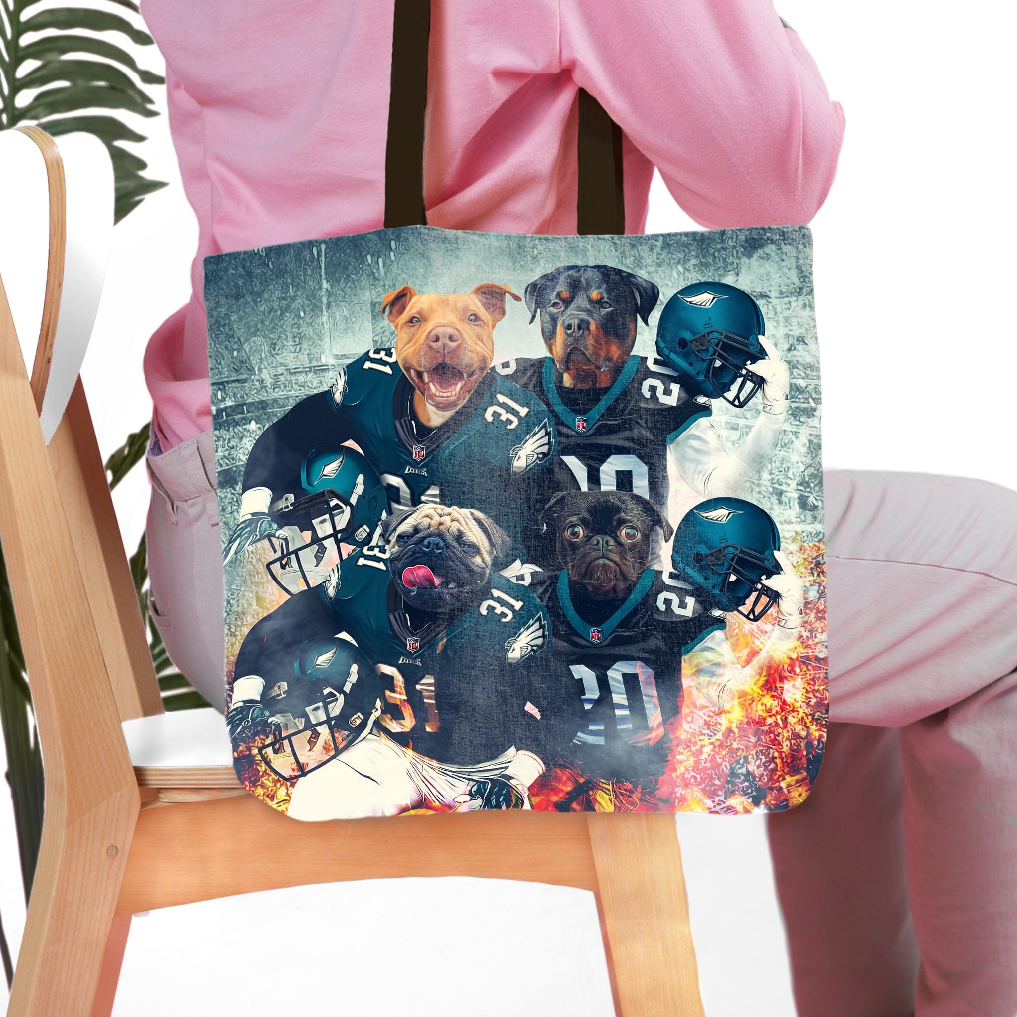 Personalized 4-pet tote bag featuring dogs in Philadelphia Eagles football uniforms.
