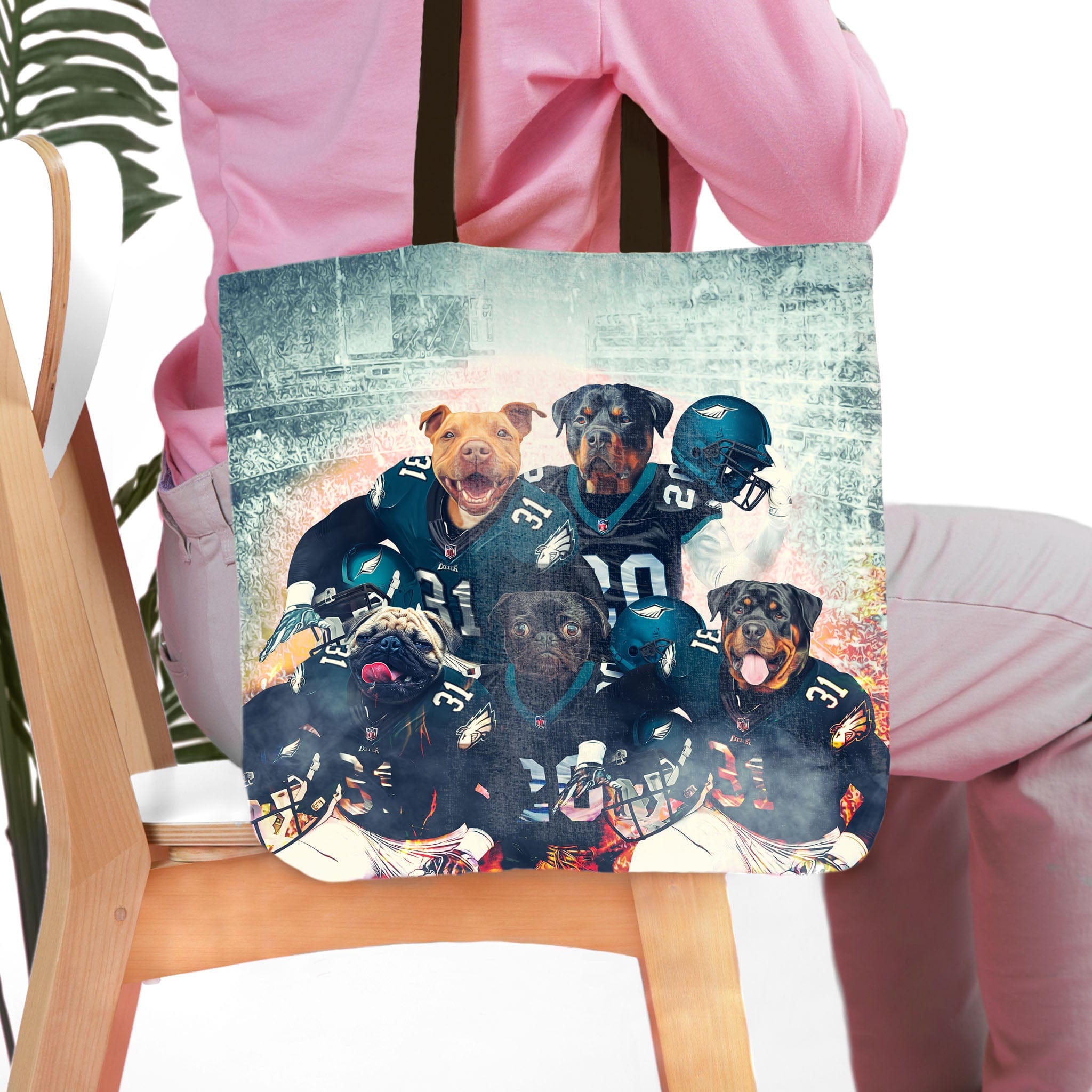Personalized 5-pet dog portrait tote bag featuring dogs in Philadelphia Eagles football uniforms.