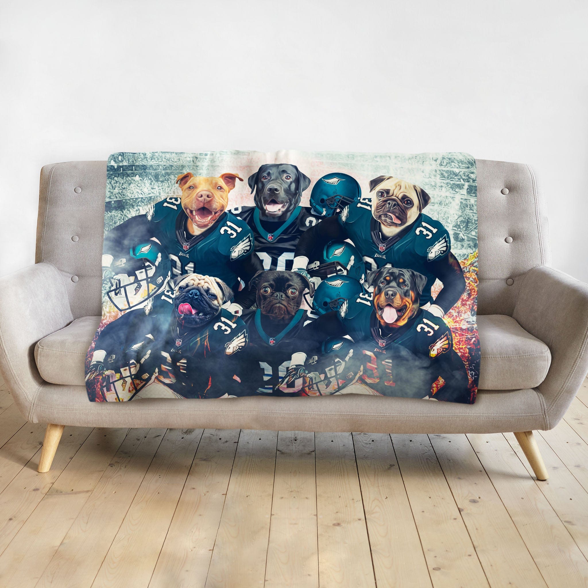 Personalized pet blanket featuring six dogs in Philadelphia Eagles football uniforms.