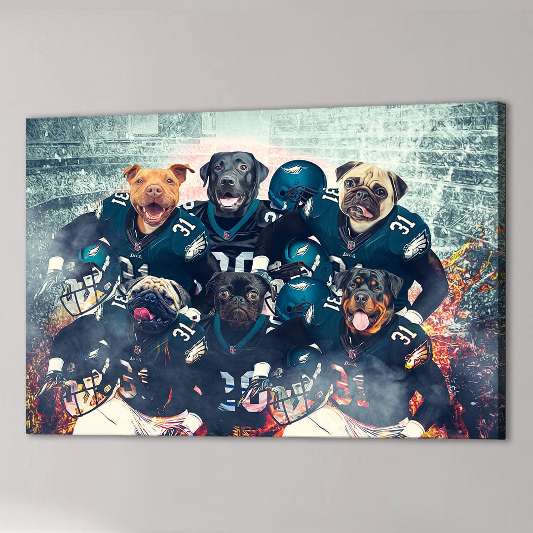 Personalized canvas featuring six dogs in Philadelphia Eagles football uniforms.