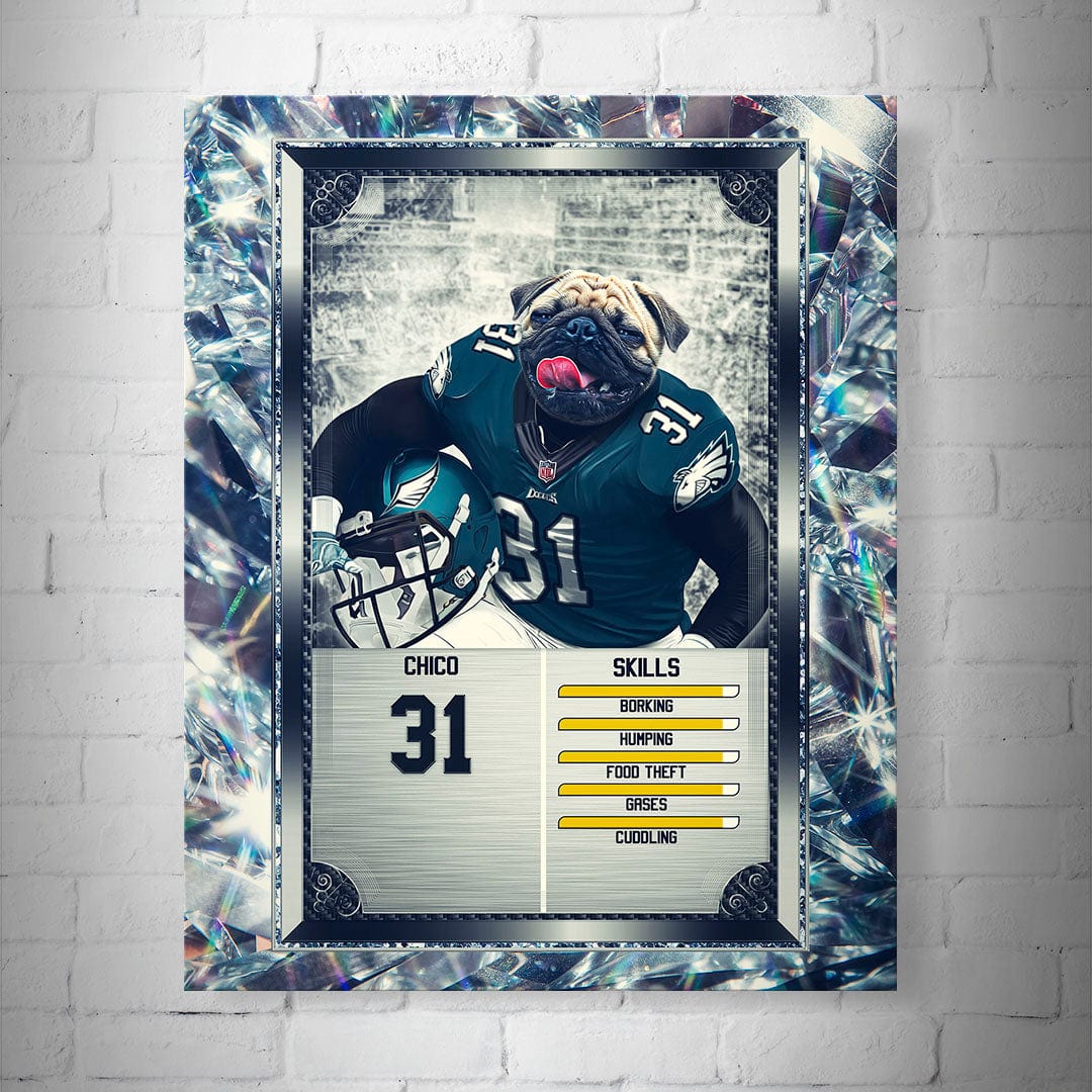 Personalized 8x10" matte poster featuring a pug in a Philadelphia Eagles football uniform, framed by sparkling diamonds.