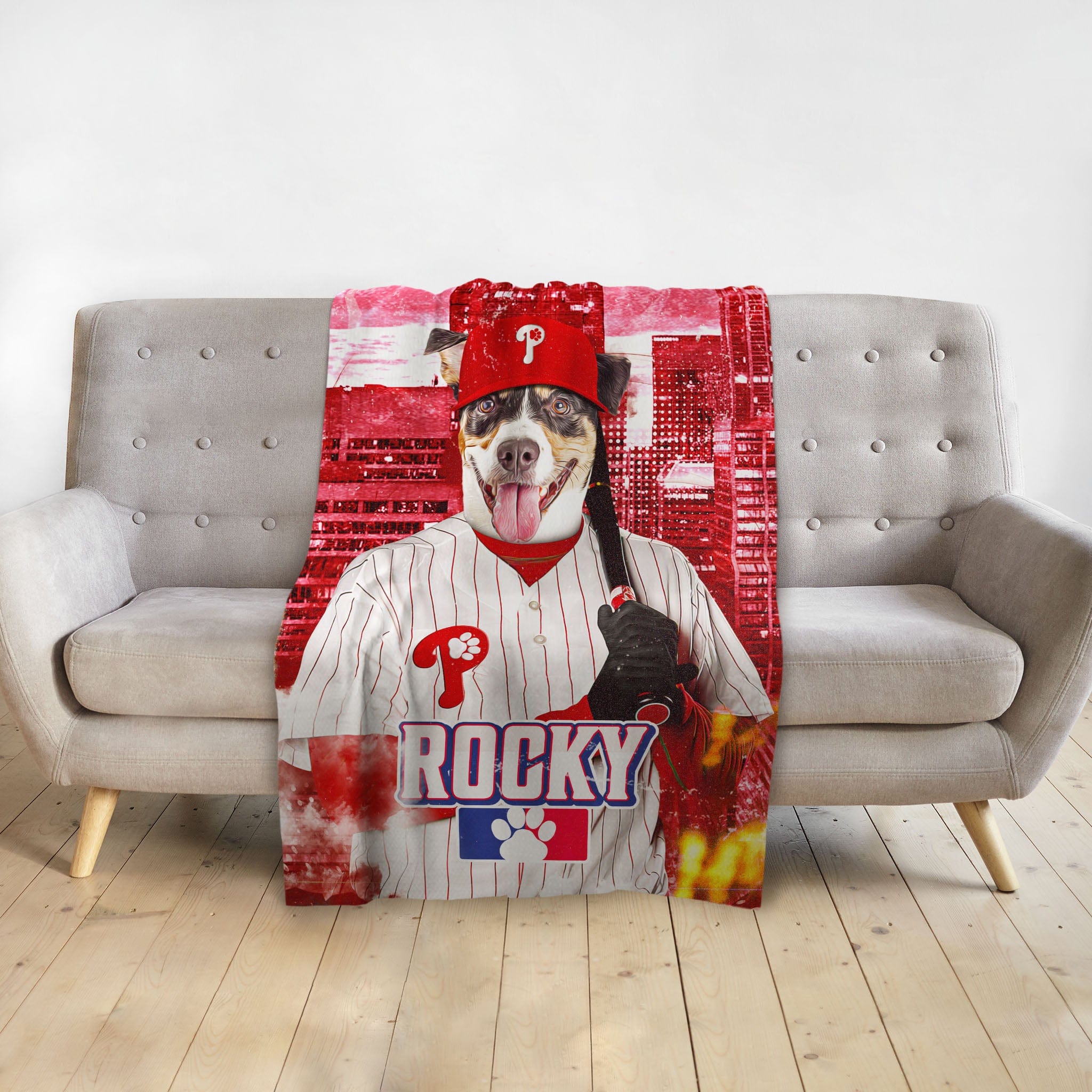 Personalized pet blanket with a dog in a red Philadelphia Phillies baseball uniform.