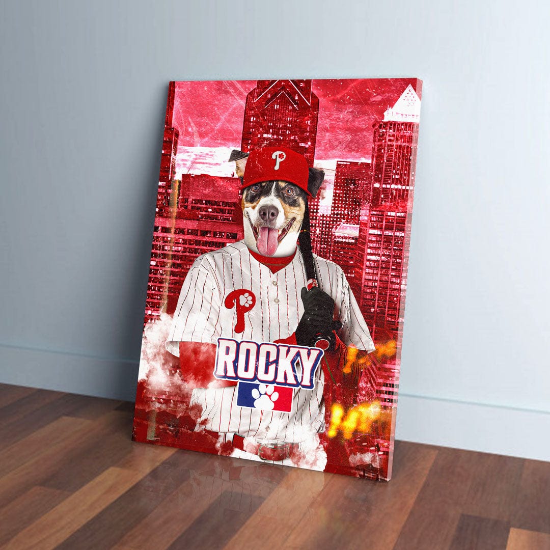 Personalized pet canvas featuring a dog in a red Phillies baseball uniform with "ROCKY" on the jersey, against a red cityscape.