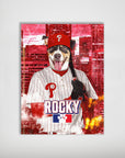 Personalized pet poster featuring a dog in a Phillies baseball uniform with "ROCKY" text, set against a red cityscape.