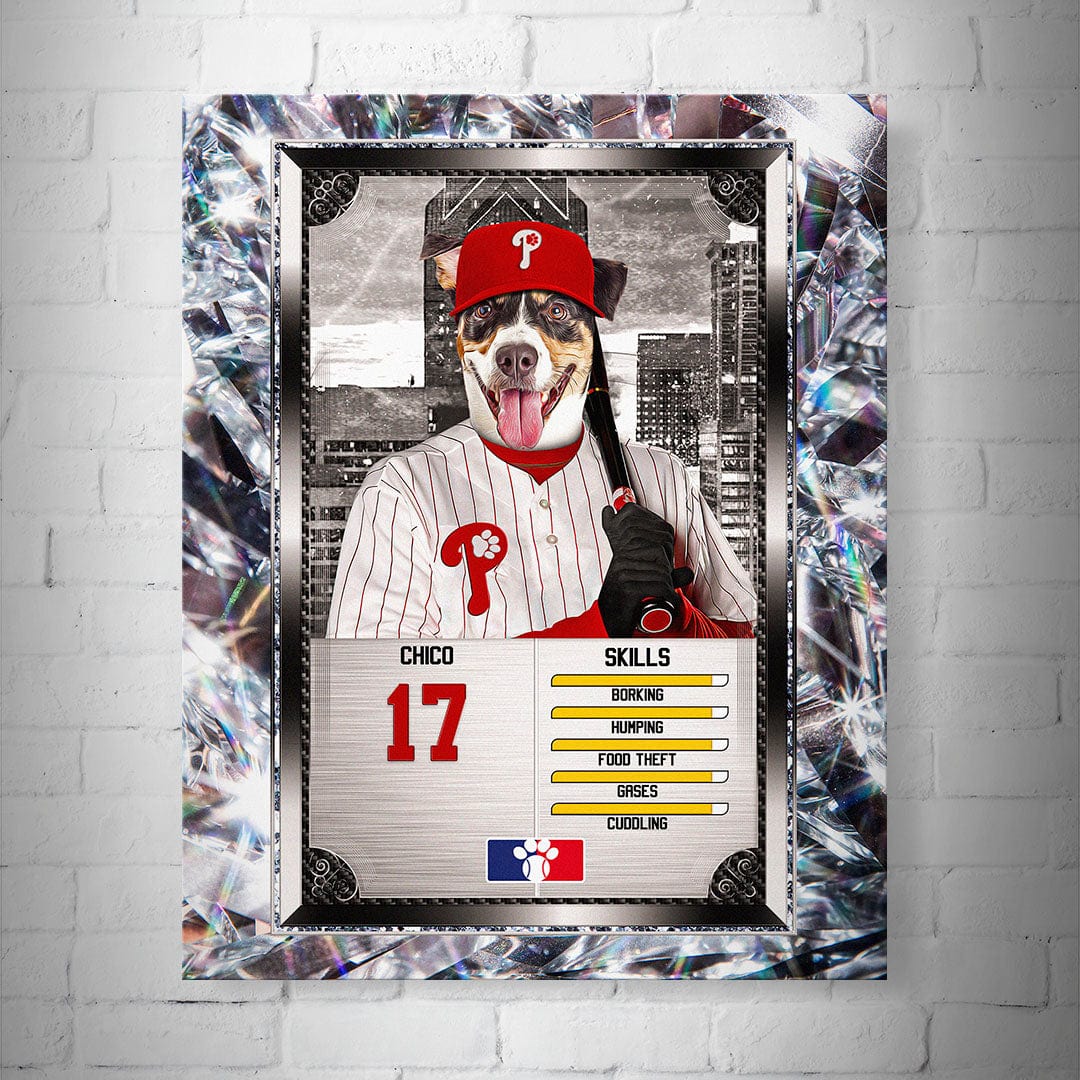 Personalized pet baseball trading card poster featuring a dog in a Phillies uniform with custom name, number, and skill levels.
